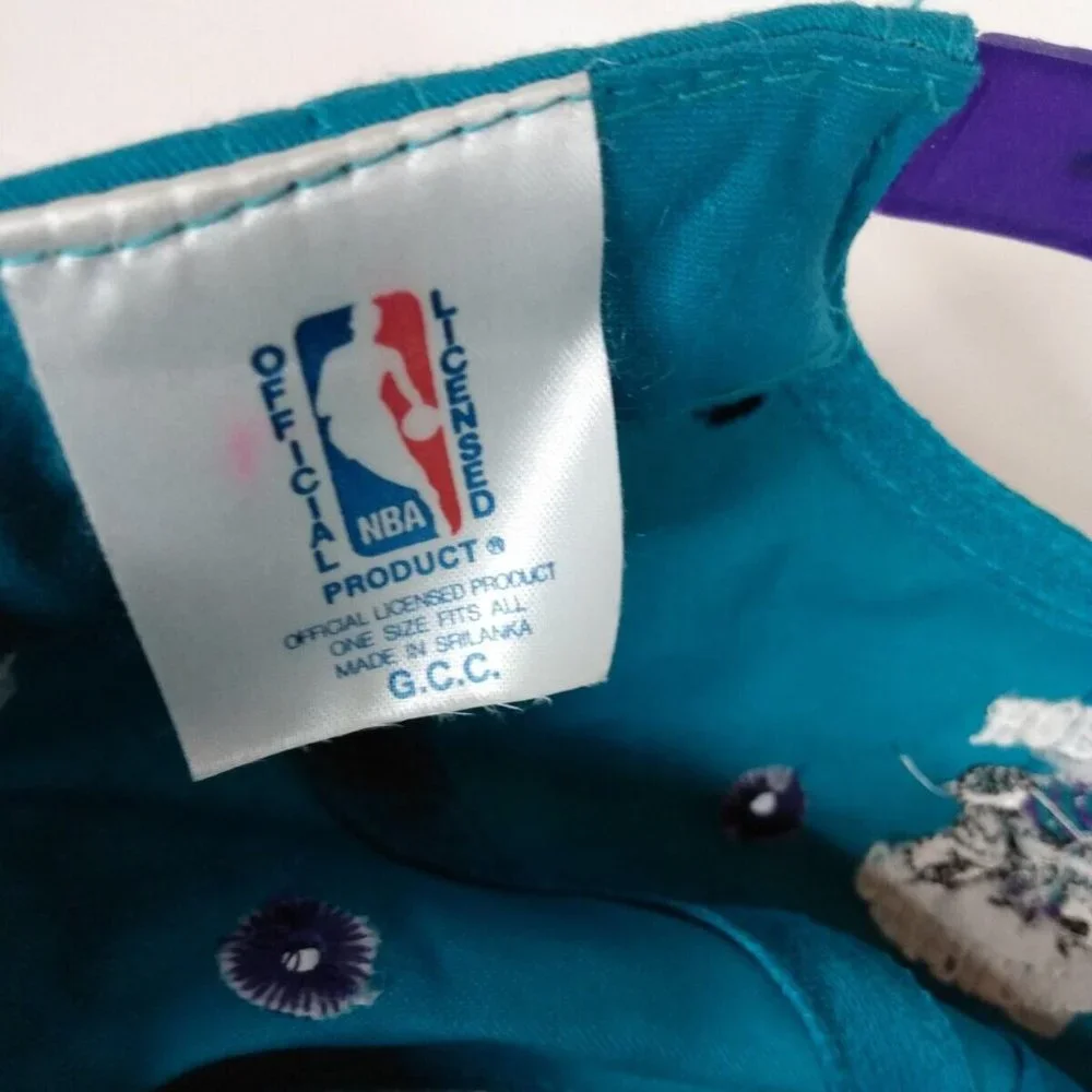 Vtg Charlotte Hornets Snapback Hat Block Letters NBA Product Teal Purple Adjust